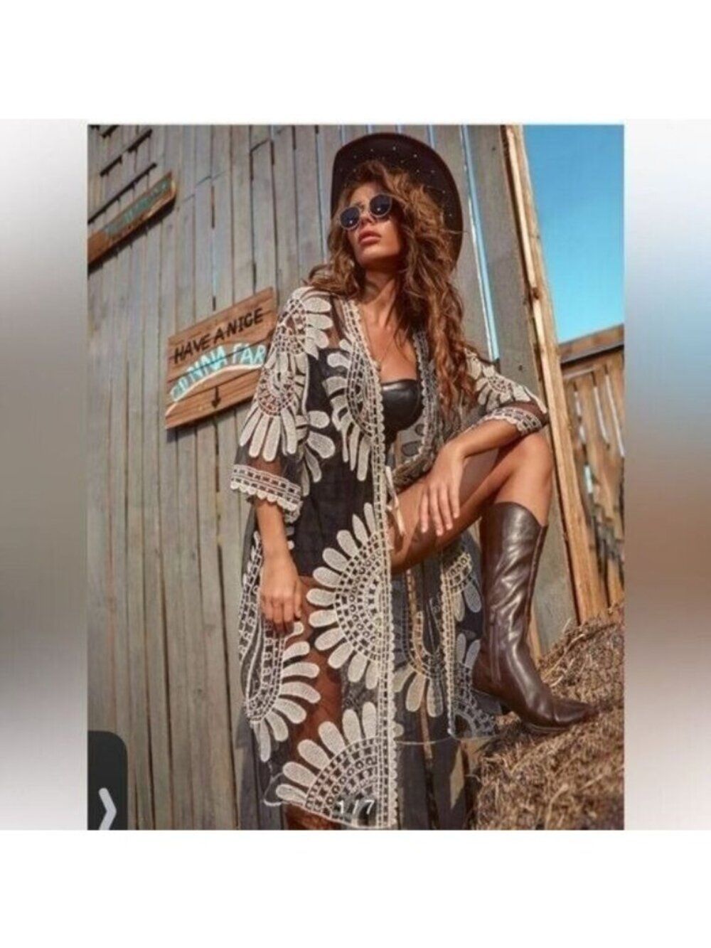 Elegant Black and Cream Floral Swim Cover-Up
